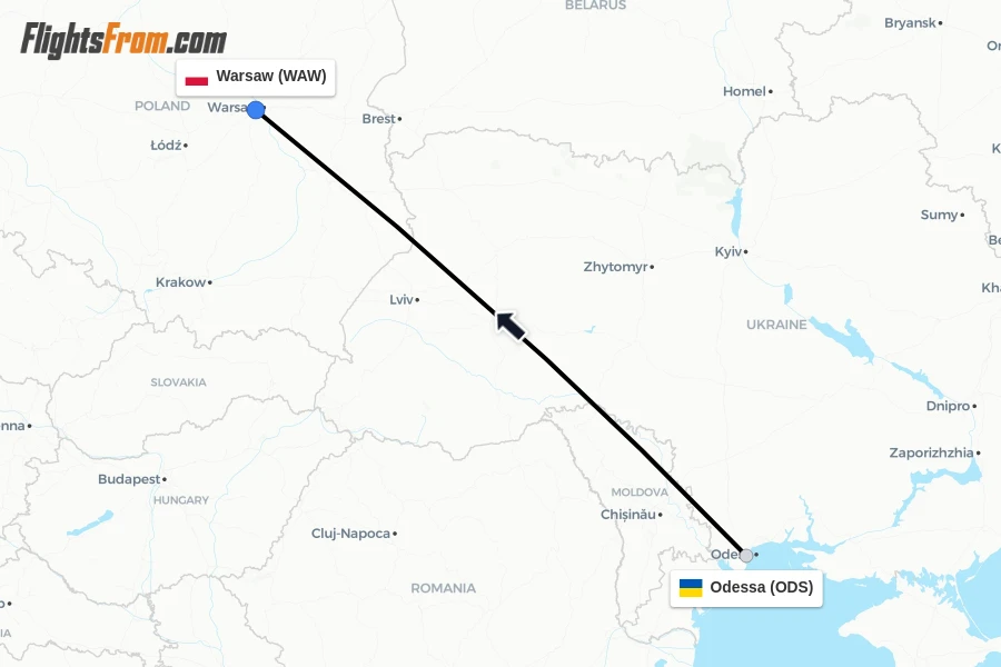 Flights from Odessa to Warsaw route map