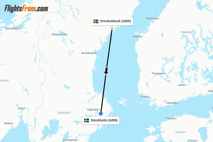 Flights from Ornskoldsvik to Stockholm route map