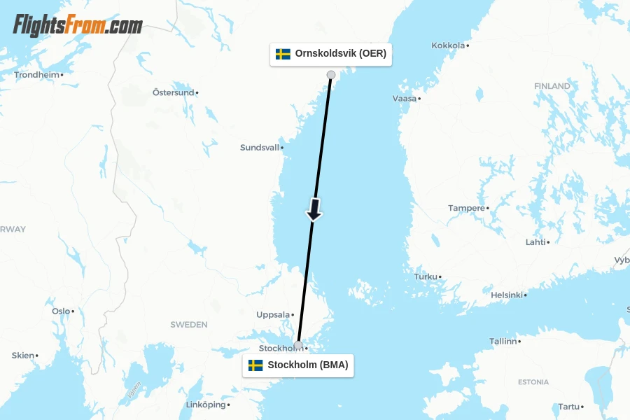 Flights from Ornskoldsvik to Stockholm route map