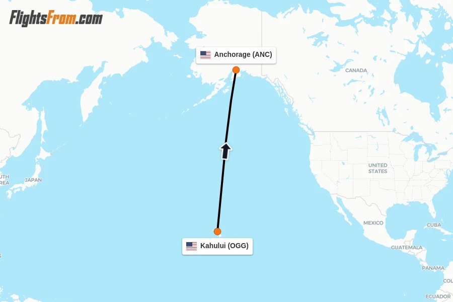 Flights from Kahului to Anchorage route map