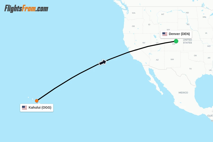 Flights from Kahului to Denver route map