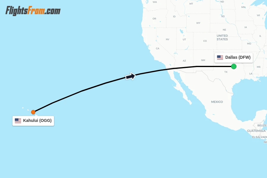 Flights from Kahului to Dallas route map