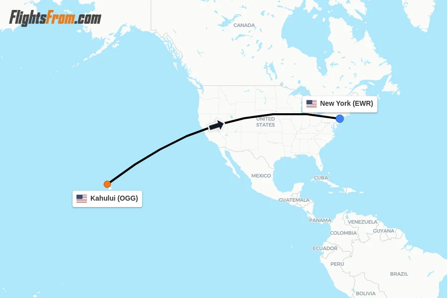 Flights from Kahului to New York route map