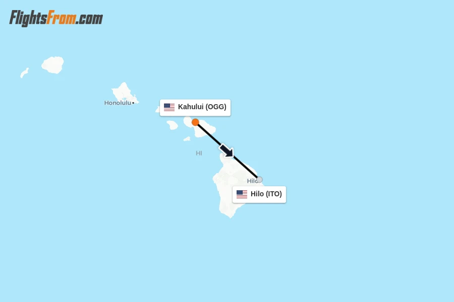 Flights from Kahului to Hilo route map