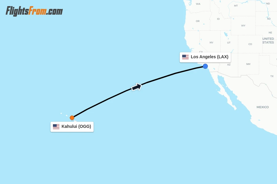 Flights from Kahului to Los Angeles route map