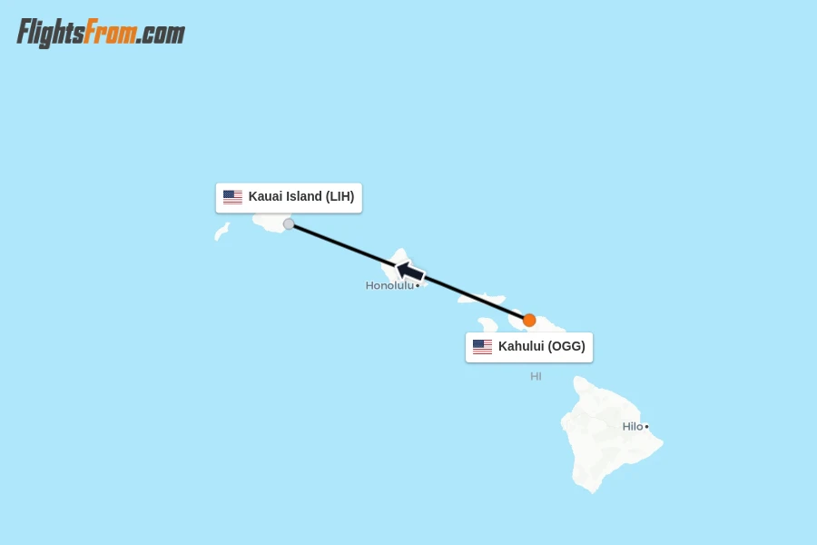 Flights from Kahului to Kauai Island route map