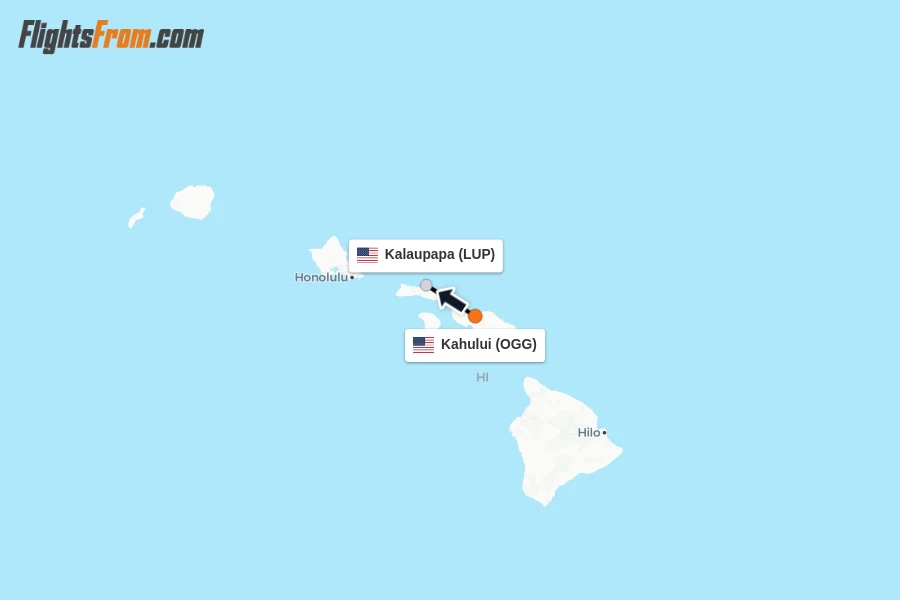 Flights from Kahului to Kalaupapa route map