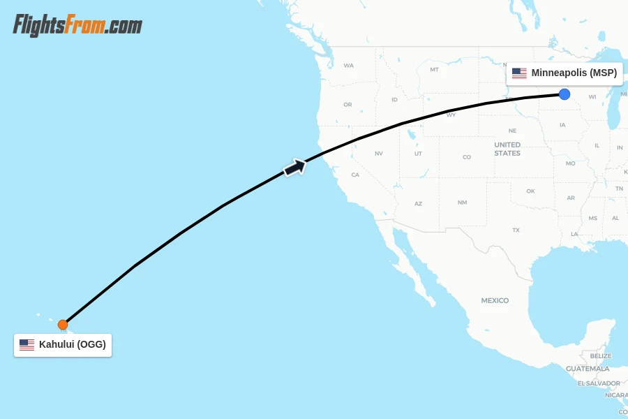 Flights from Kahului to Minneapolis route map