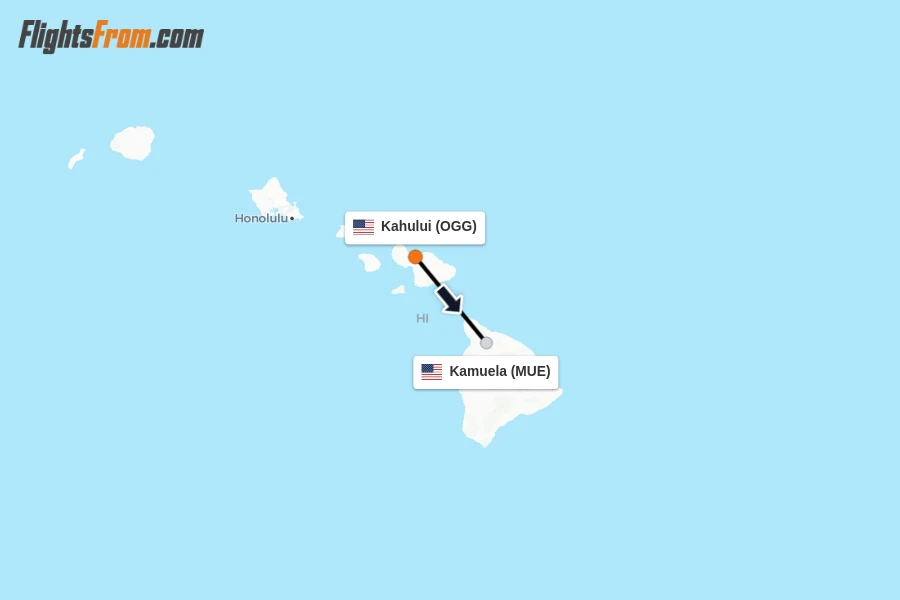 Flights from Kahului to Kamuela route map