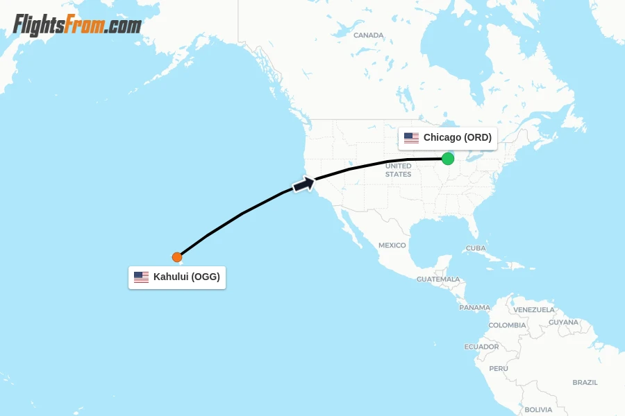 Flights from Kahului to Chicago route map