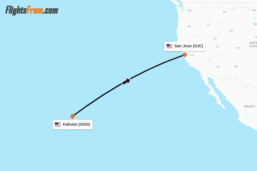 Flights from Kahului to San Jose route map