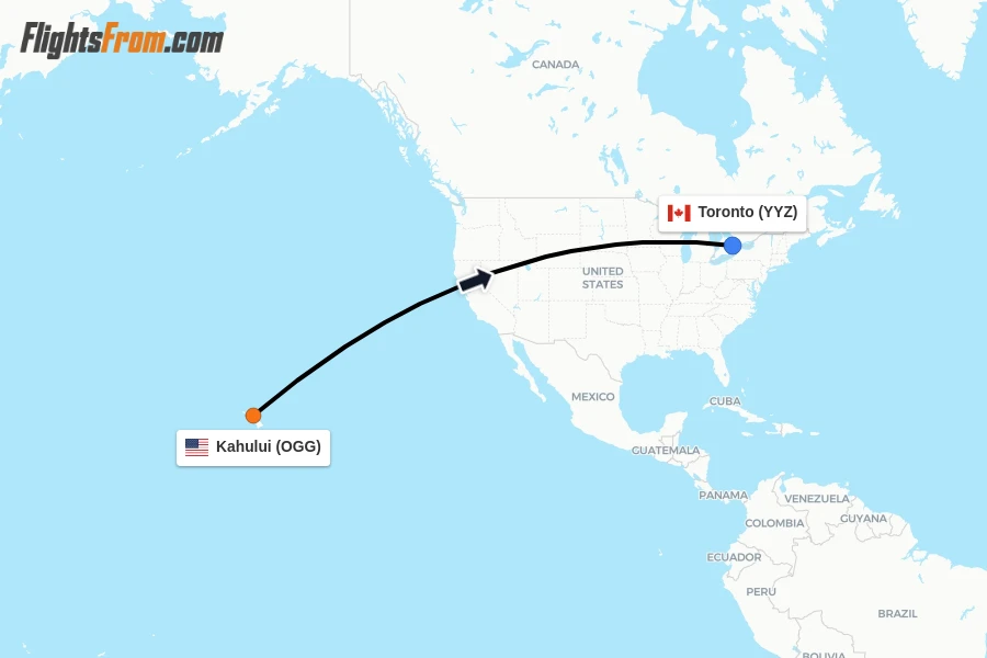 Flights from Kahului to Toronto route map