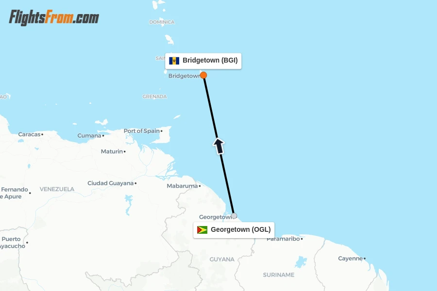Flights from Georgetown to Bridgetown route map
