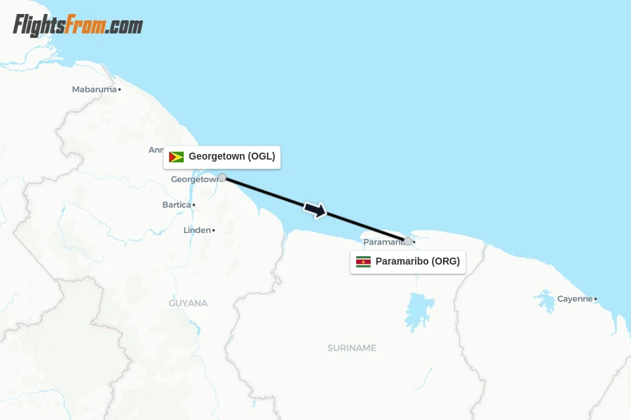 Flights from Georgetown to Paramaribo route map