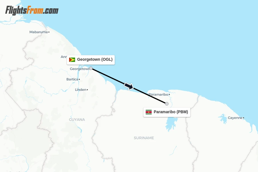 Flights from Georgetown to Paramaribo route map
