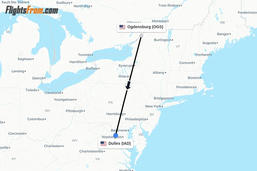 Flights from Ogdensburg to Dulles route map