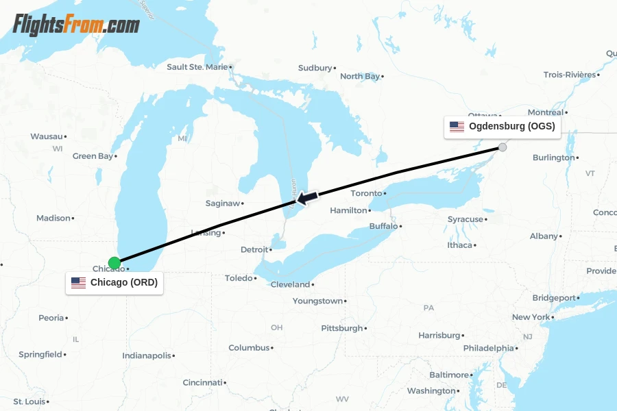 Flights from Ogdensburg to Chicago route map