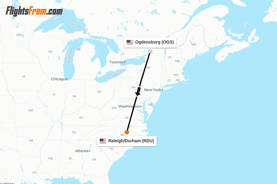 Flights from Ogdensburg to Raleigh/Durham route map