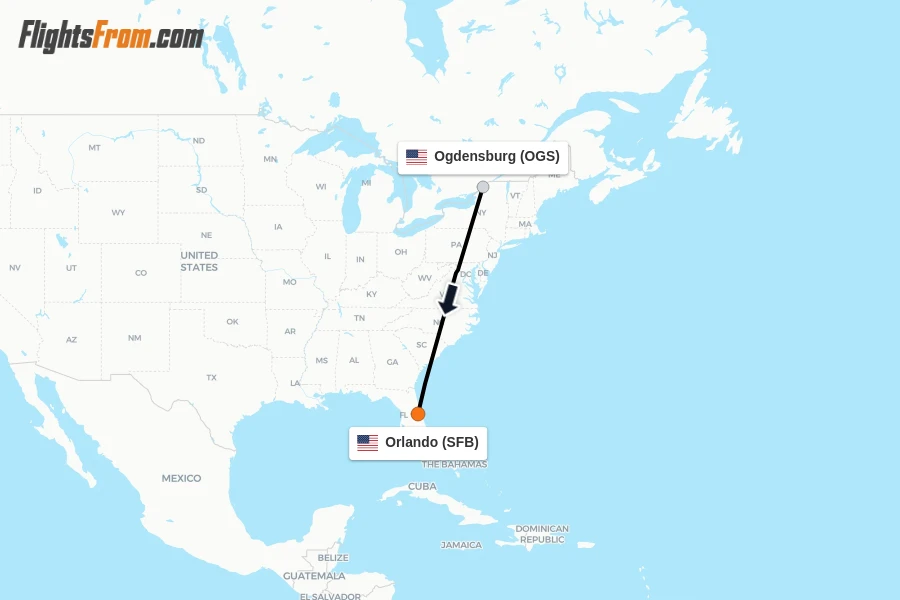 Flights from Ogdensburg to Orlando route map