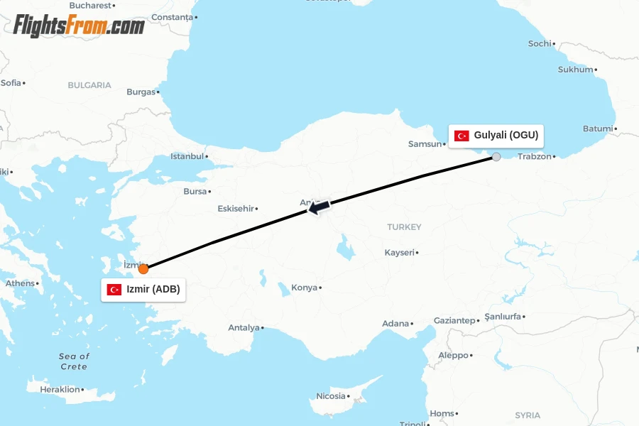 Flights from Gulyali to Izmir route map