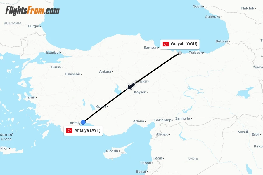 Flights from Gulyali to Antalya route map