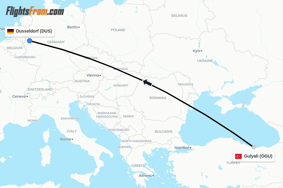 Flights from Gulyali to Dusseldorf route map
