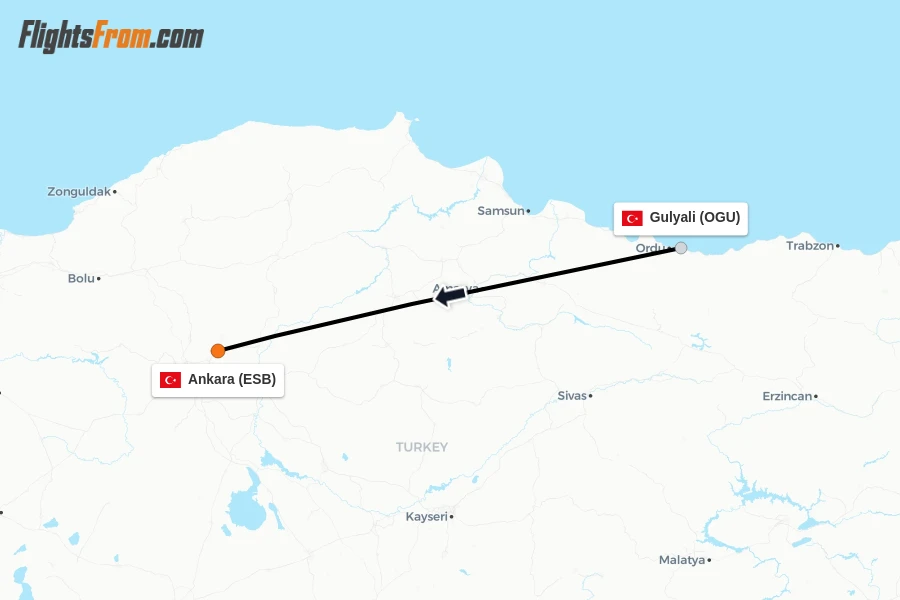 Flights from Gulyali to Ankara route map
