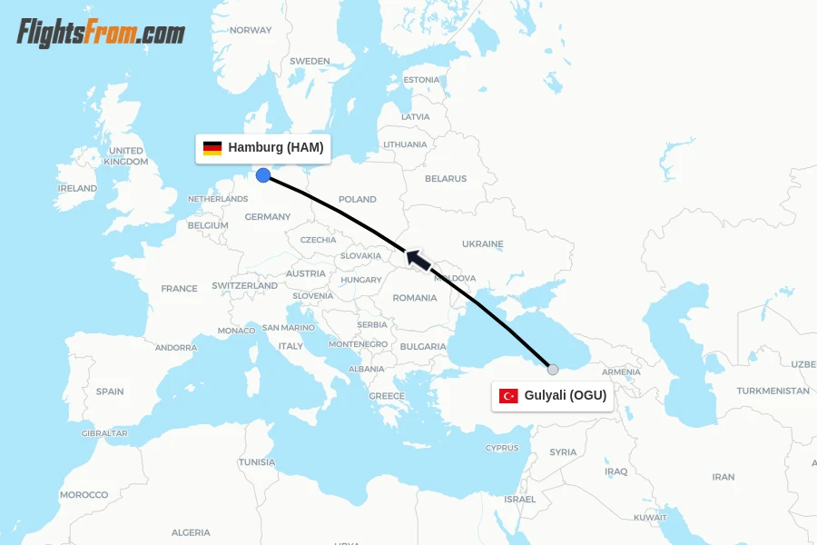 Flights from Gulyali to Hamburg route map