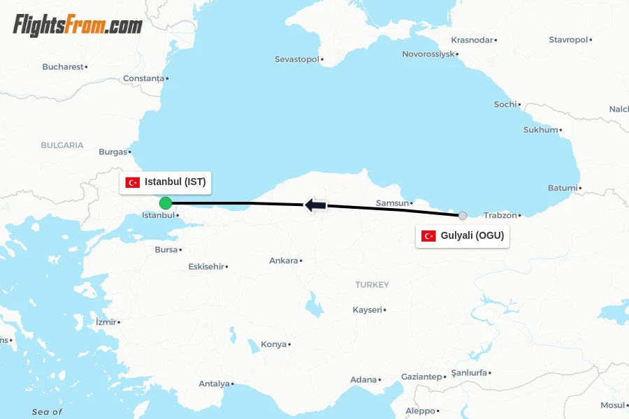 Flights from Gulyali to Istanbul route map