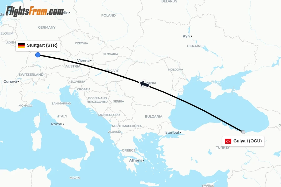 Flights from Gulyali to Stuttgart route map