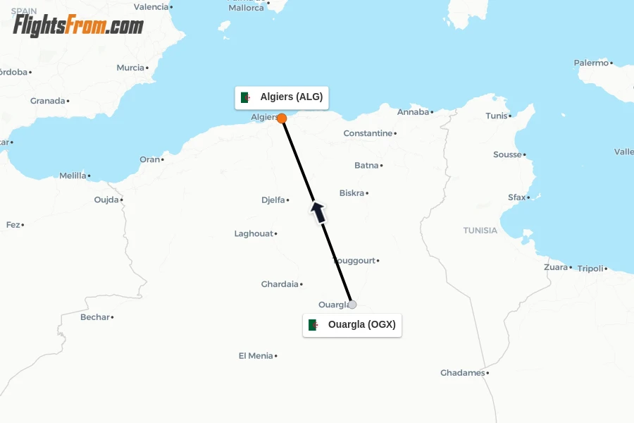Flights from Ouargla to Algiers route map