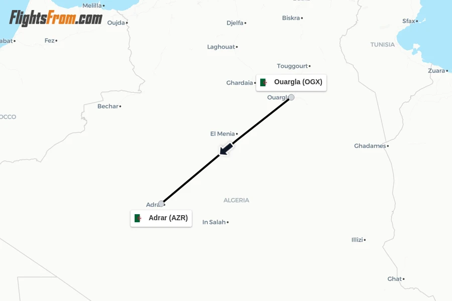 Flights from Ouargla to Adrar route map