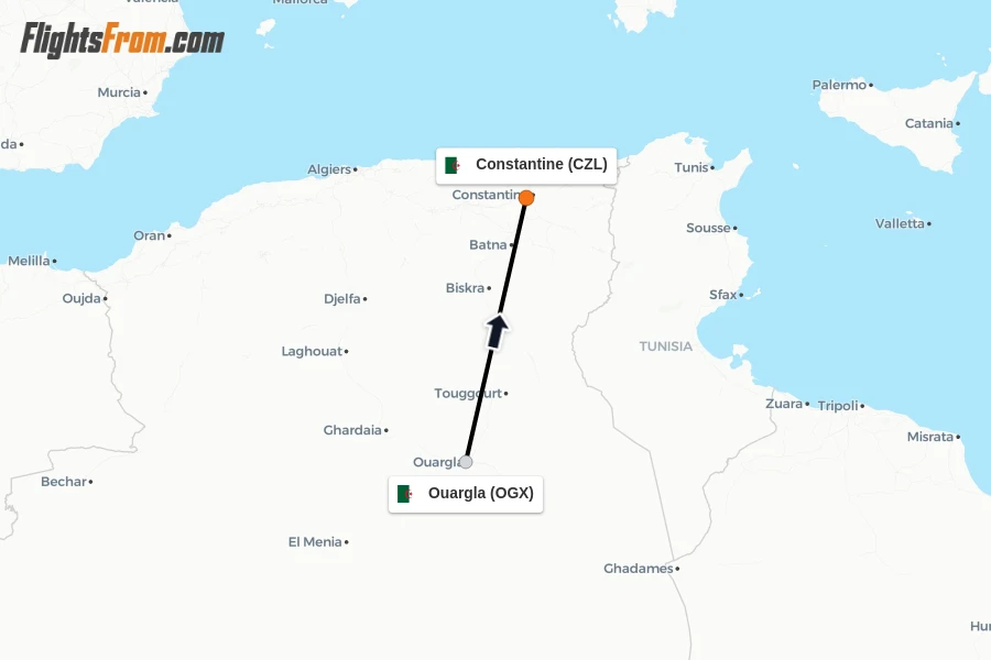 Flights from Ouargla to Constantine route map