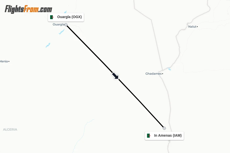 Flights from Ouargla to In Amenas route map