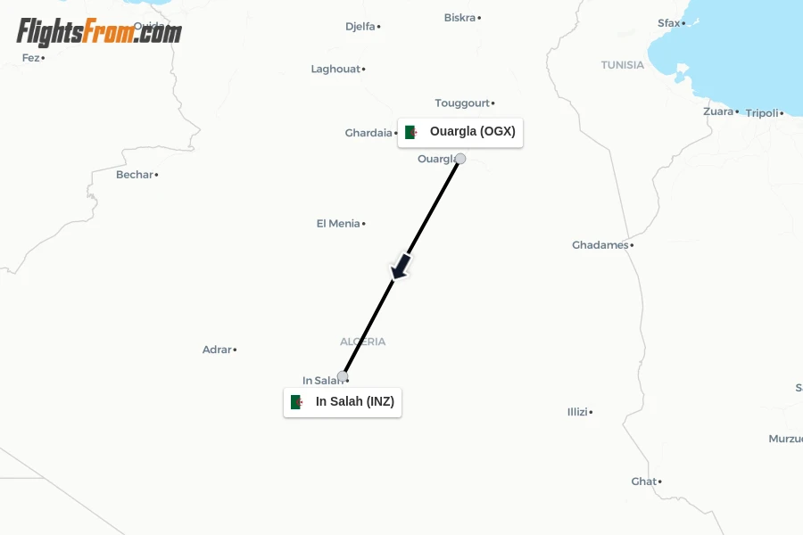 Flights from Ouargla to In Salah route map
