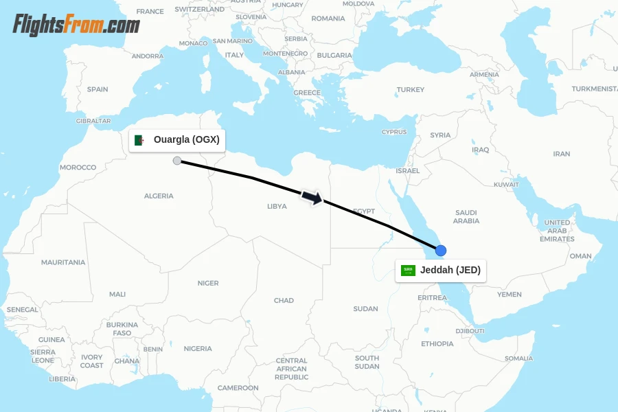Flights from Ouargla to Jeddah route map