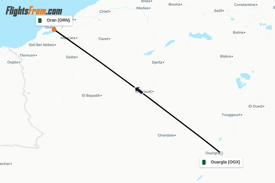 Flights from Ouargla to Oran route map