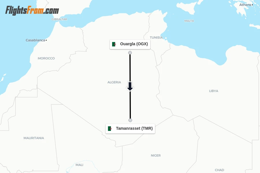 Flights from Ouargla to Tamanrasset route map