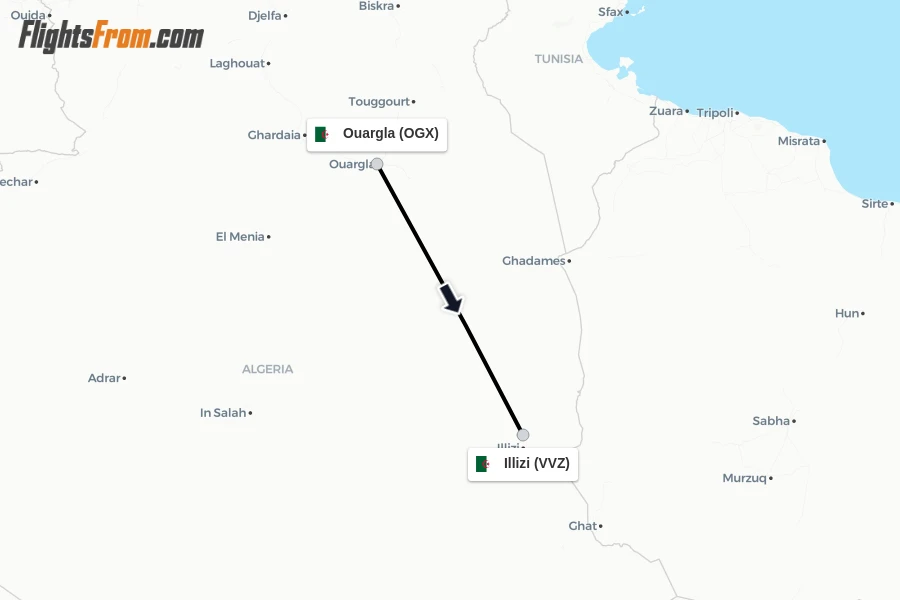Flights from Ouargla to Illizi route map