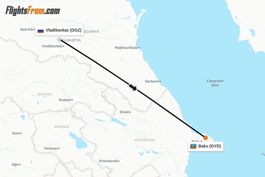 Flights from Vladikavkaz to Baku route map
