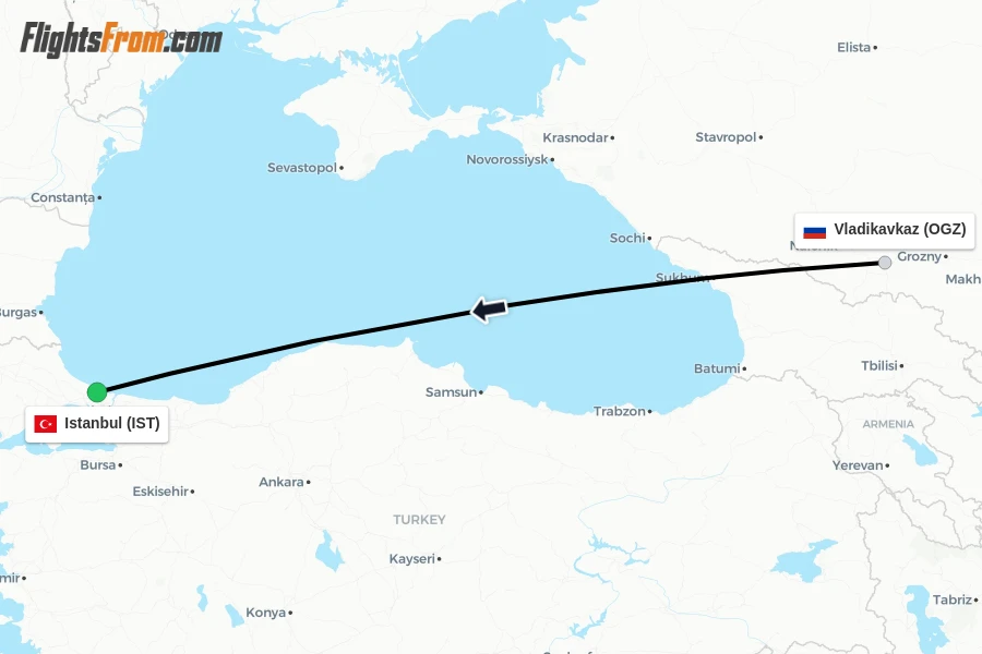 Flights from Vladikavkaz to Istanbul route map