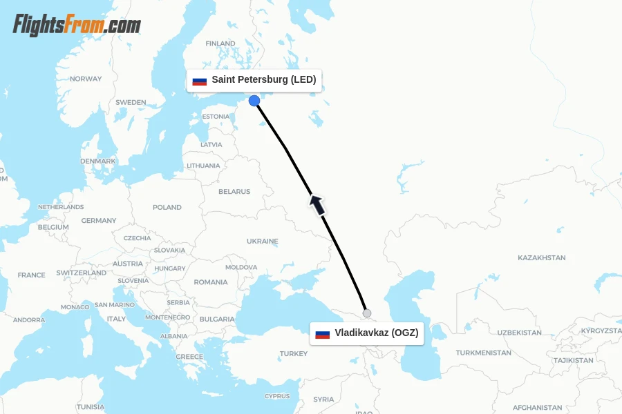 Flights from Vladikavkaz to Saint Petersburg route map