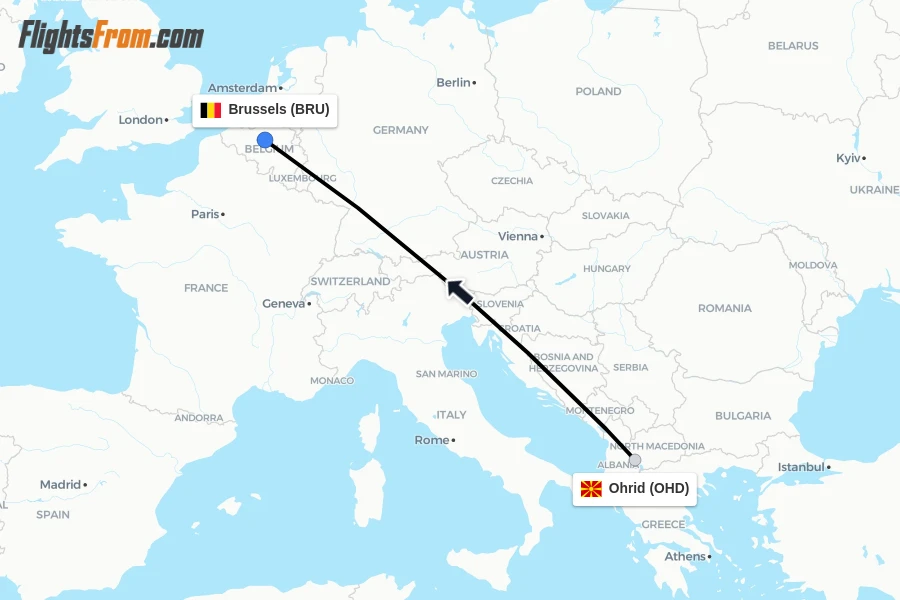 Flights from Ohrid to Brussels route map