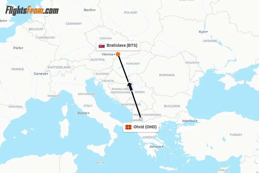 Flights from Ohrid to Bratislava route map