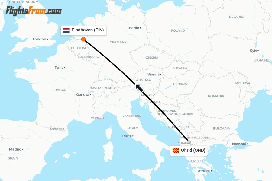 Flights from Ohrid to Eindhoven route map