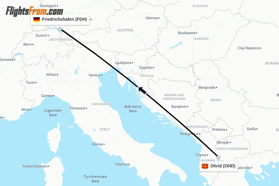 Flights from Ohrid to Friedrichshafen route map
