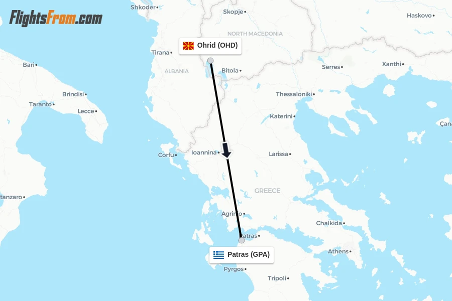 Flights from Ohrid to Patras route map