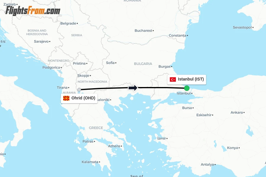Flights from Ohrid to Istanbul route map