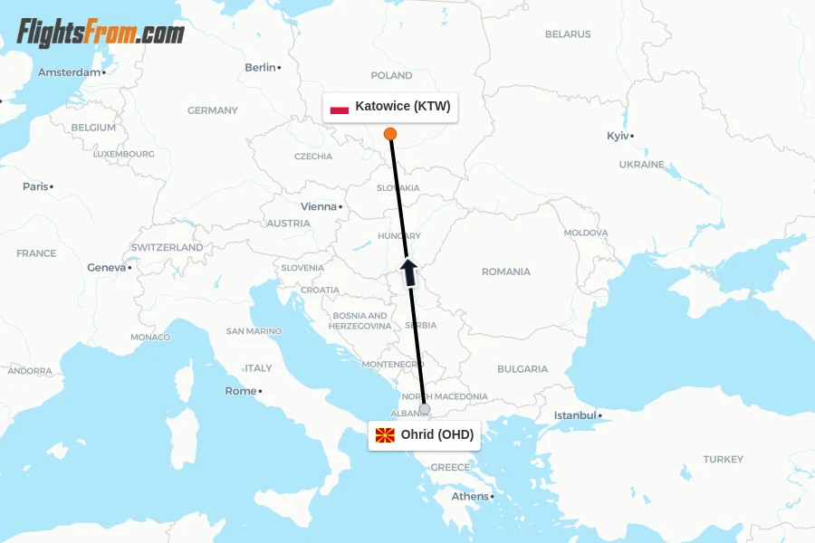 Flights from Ohrid to Katowice route map