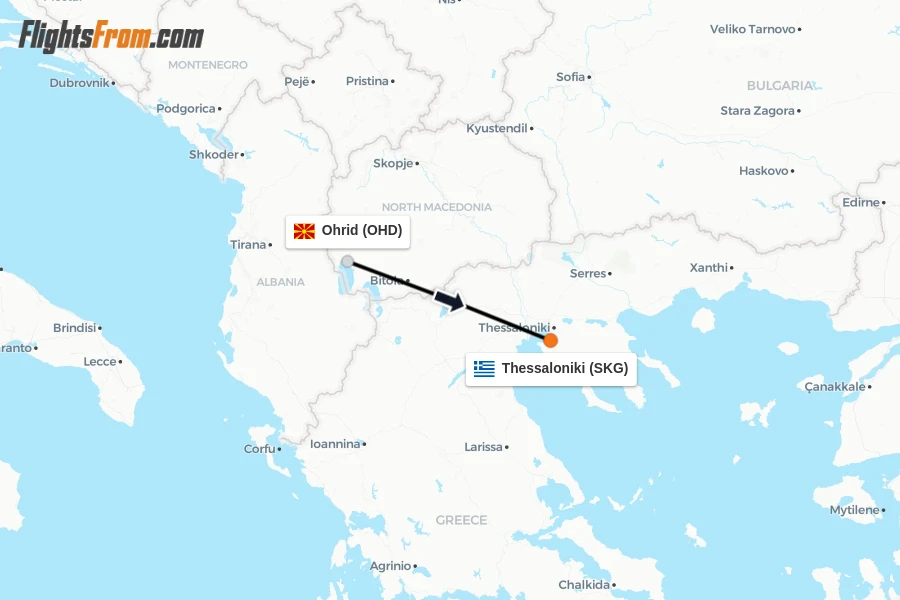 Flights from Ohrid to Thessaloniki route map